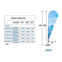 Beach flag mât Alu : modèle Drop. Tableau récapitulatif. Drapeau avec impression personnalisé. Altumis